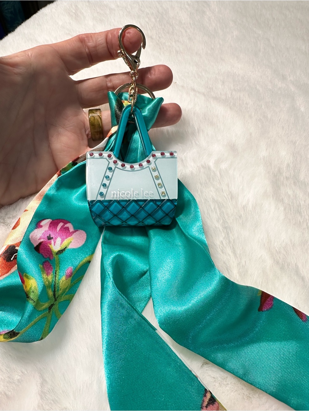 Nicole Lee Teal Quilted Mini Bag Keychain bag charm with Floral Scarf brand new